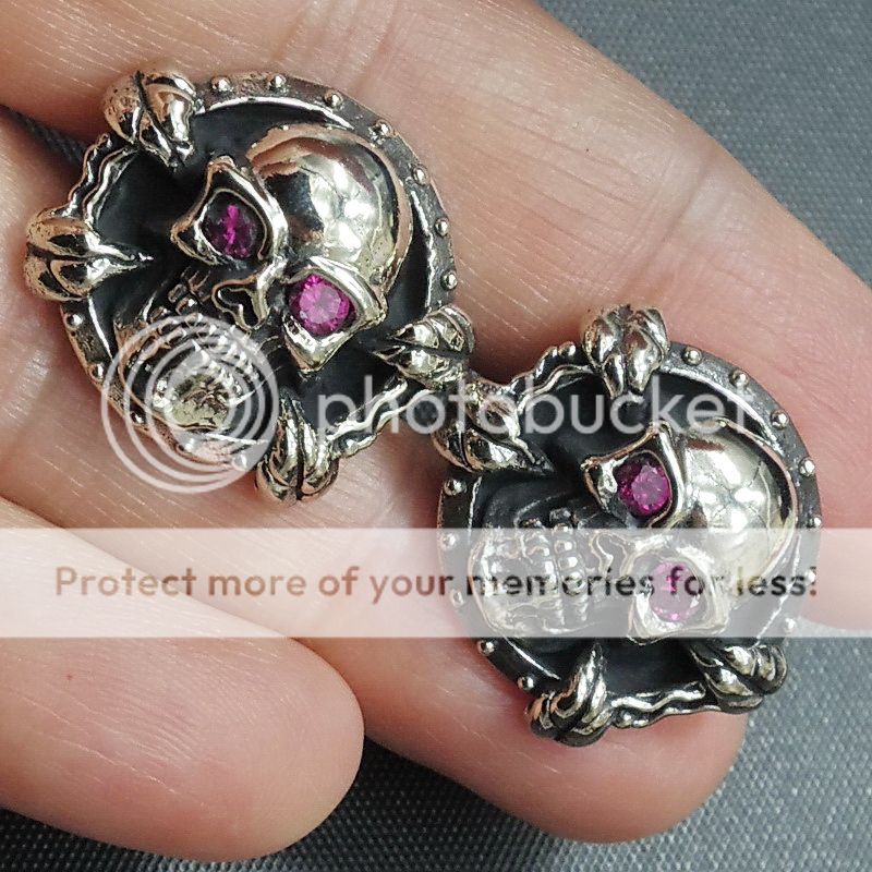 Skulls Men's Cufflinks, Silver Brass Pair, Gothic Shield, Ruby Red Gem